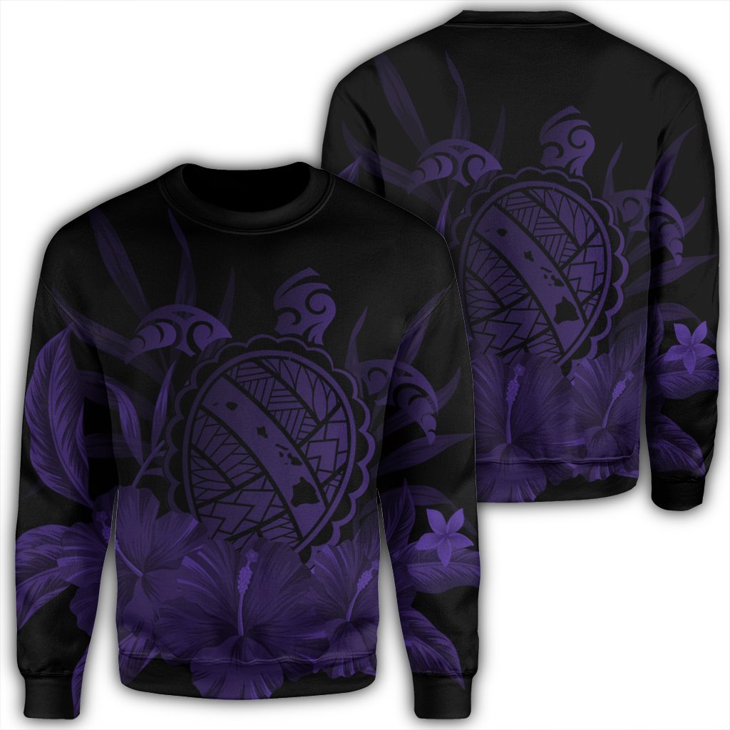 Hawaiian Map Turtle Hibiscus Polynesian Sweatshirt - Purple - AH Unisex Black - Polynesian Pride