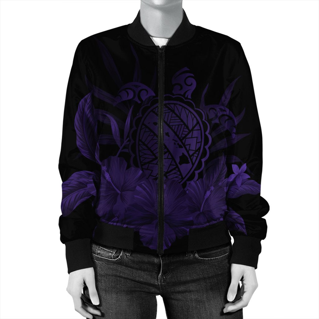 Hawaiian Map Turtle Hibiscus Polynesian Bomber Jacket - Purple - AH - Polynesian Pride