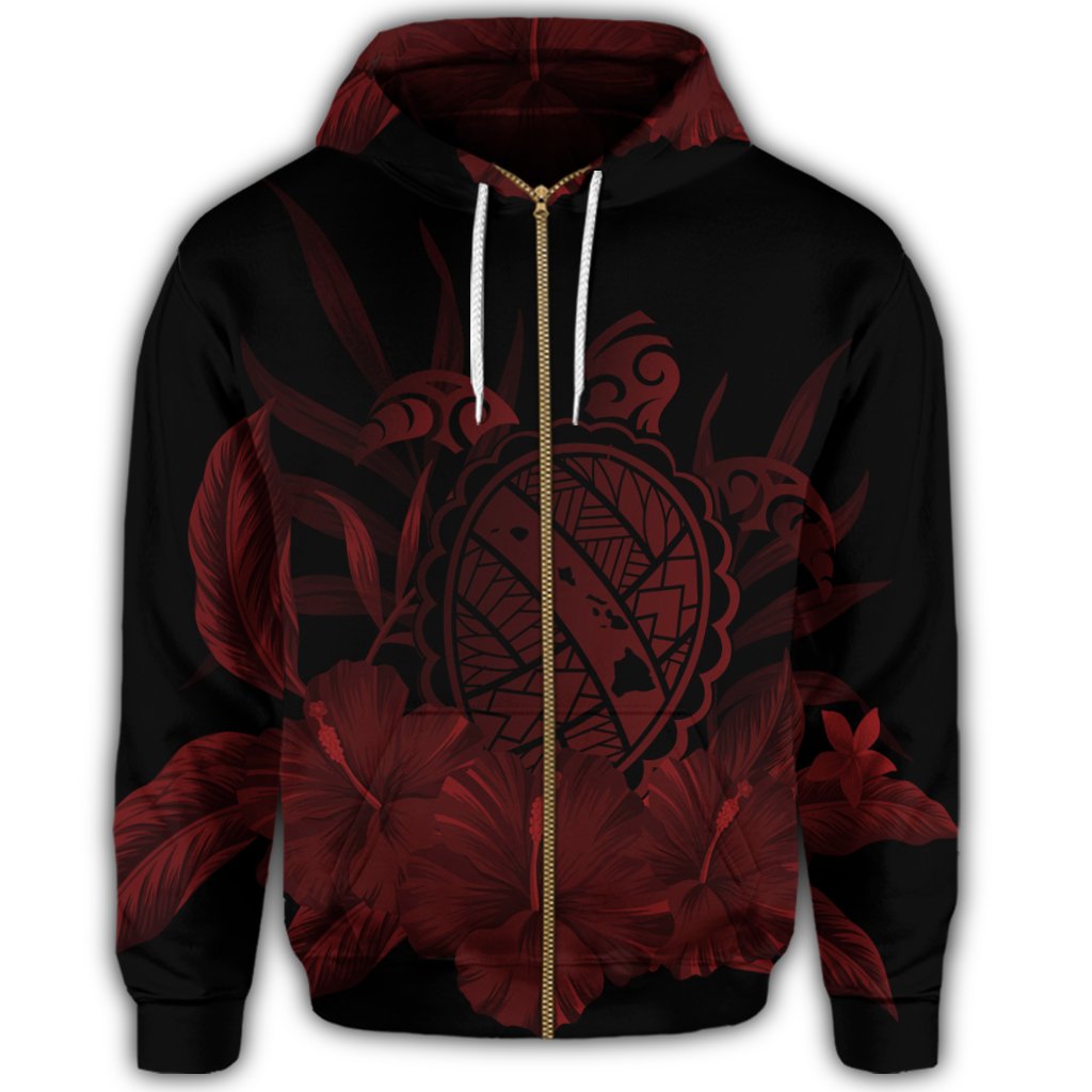 Hawaiian Map Turtle Hibiscus Polynesian Zip Hoodie Red - Polynesian Pride