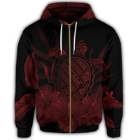 Hawaiian Map Turtle Hibiscus Polynesian Zip Hoodie Red - Polynesian Pride