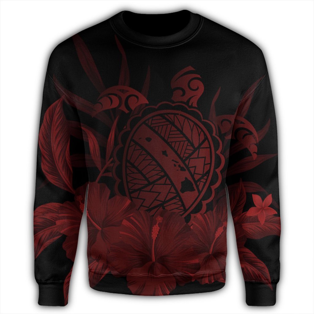 Hawaiian Map Turtle Hibiscus Polynesian Sweatshirt - Red - AH - Polynesian Pride