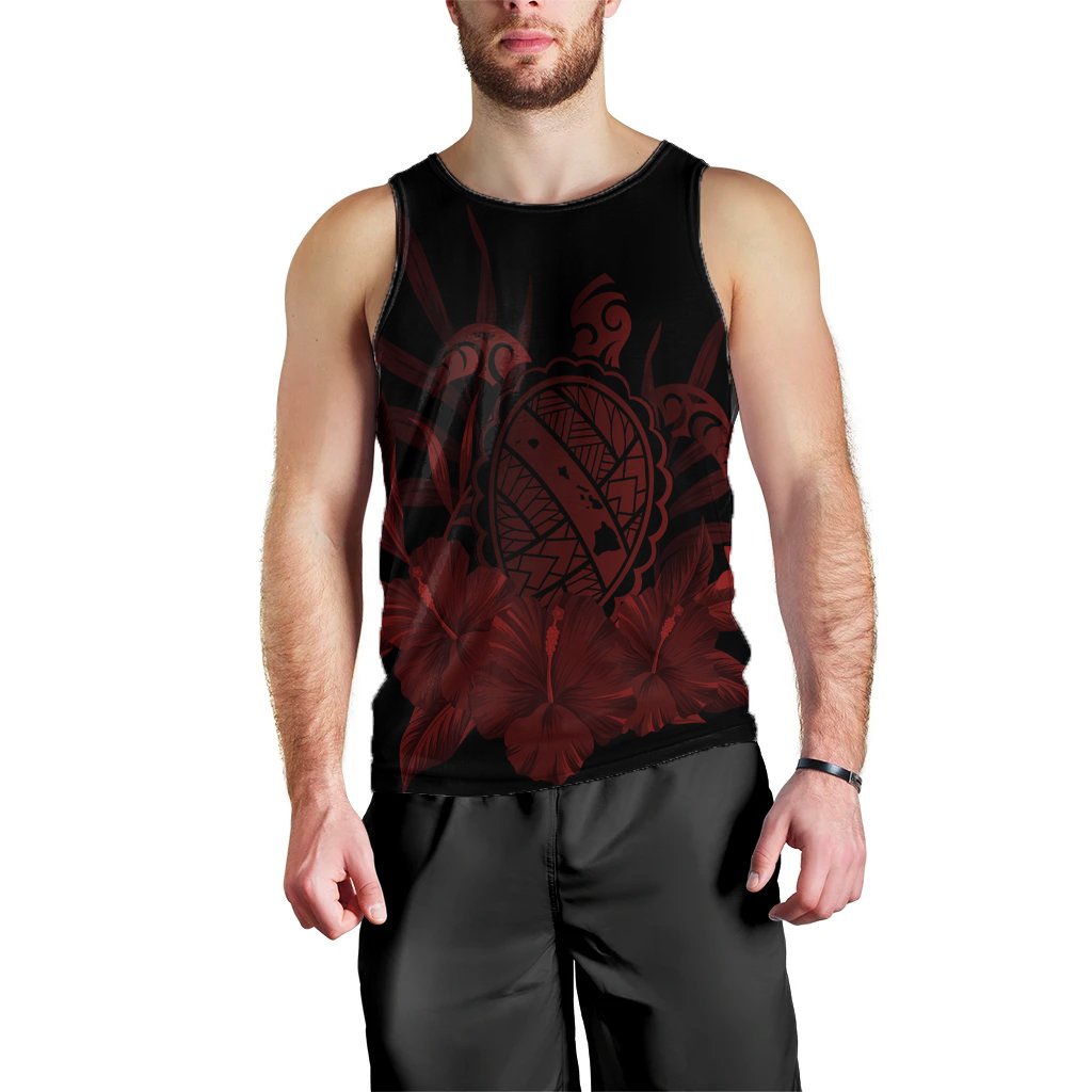 Hawaiian Map Turtle Hibiscus Polynesian Tank Top - Red - AH Black - Polynesian Pride