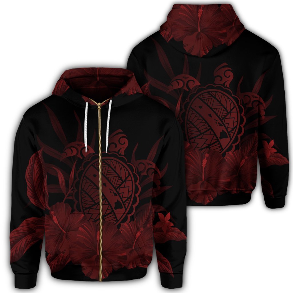 Hawaiian Map Turtle Hibiscus Polynesian Zip Hoodie Red Unisex Art - Polynesian Pride