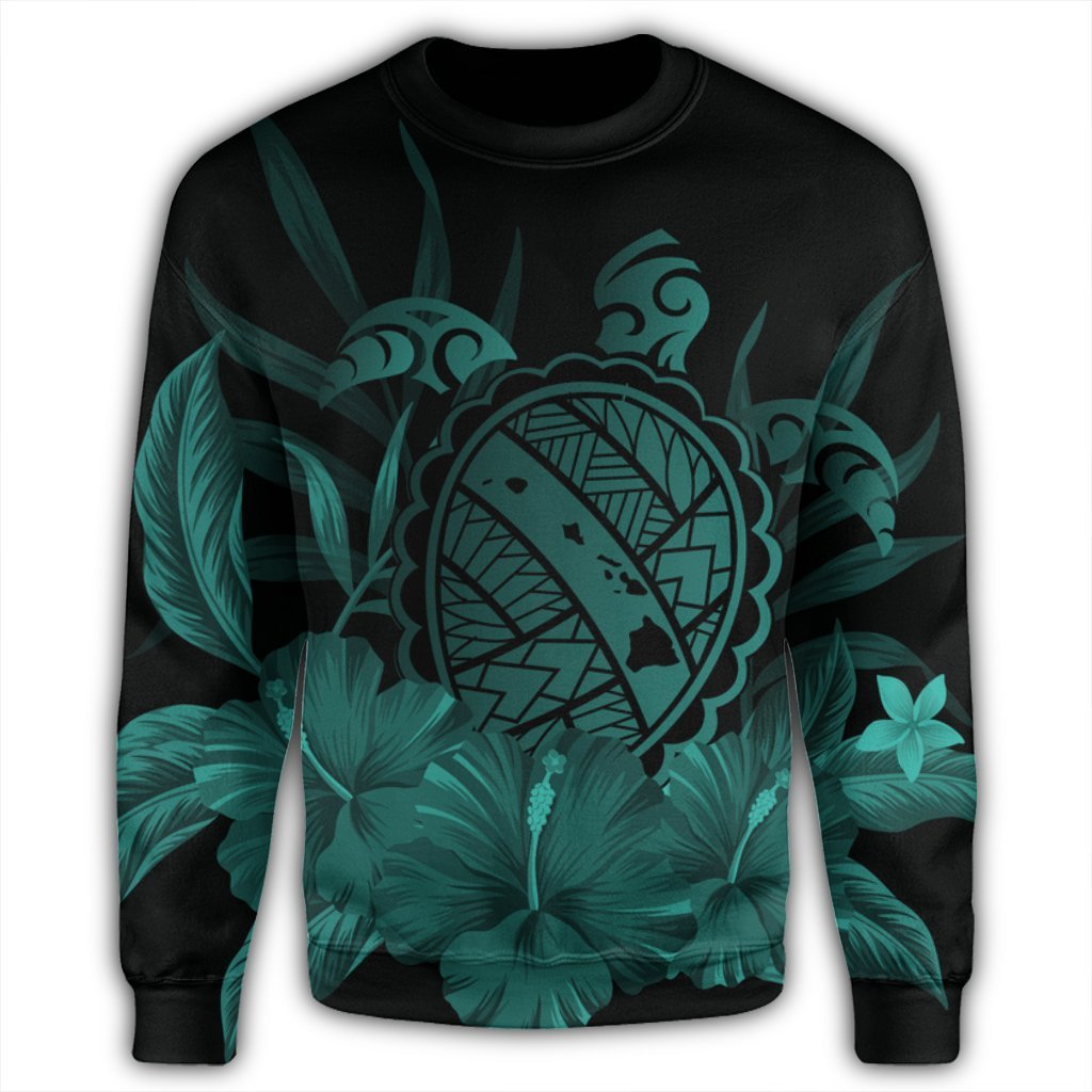 Hawaiian Map Turtle Hibiscus Polynesian Sweatshirt - Turquoise - AH - Polynesian Pride
