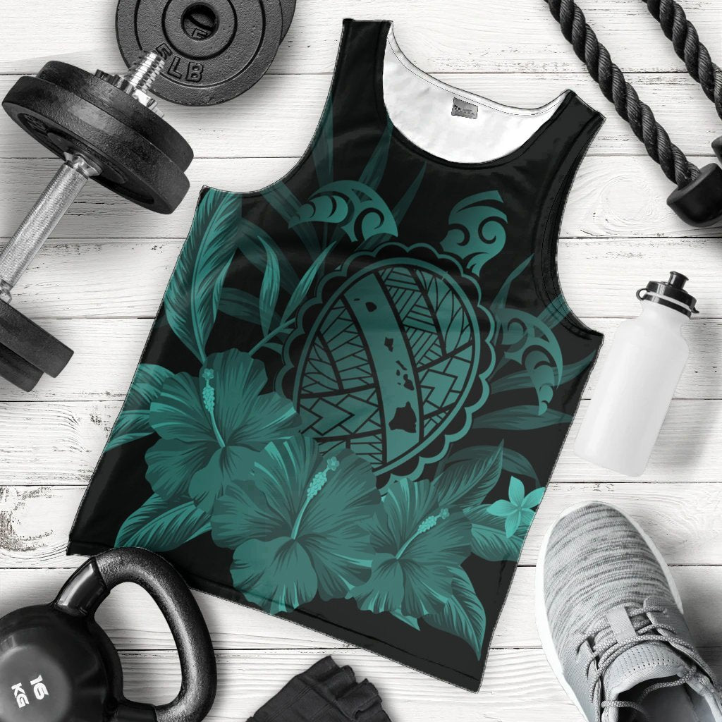 Hawaiian Map Turtle Hibiscus Polynesian Tank Top - Turquoise - AH - Polynesian Pride