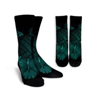 Hawaiian Map Turtle Hibiscus Polynesian Crew Socks - Turquoise - AH Crew Socks White - Polynesian Pride