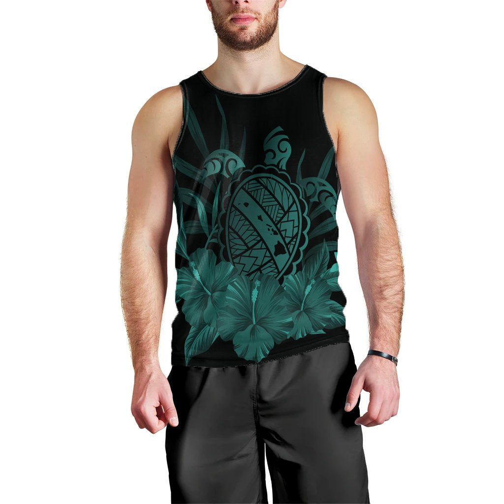 Hawaiian Map Turtle Hibiscus Polynesian Tank Top - Turquoise - AH Black - Polynesian Pride