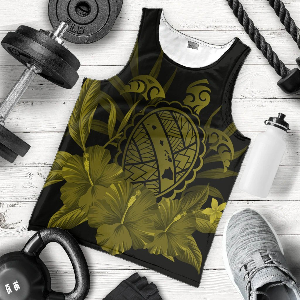 Hawaiian Map Turtle Hibiscus Polynesian Tank Top - Yellow - AH - Polynesian Pride