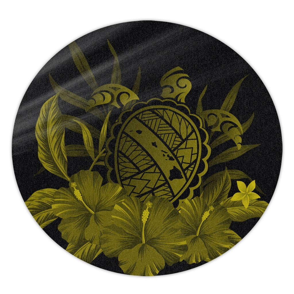Hawaiian Map Turtle Hibiscus Polynesian Round Carpet - Yellow - AH Round Carpet Luxurious Plush - Polynesian Pride