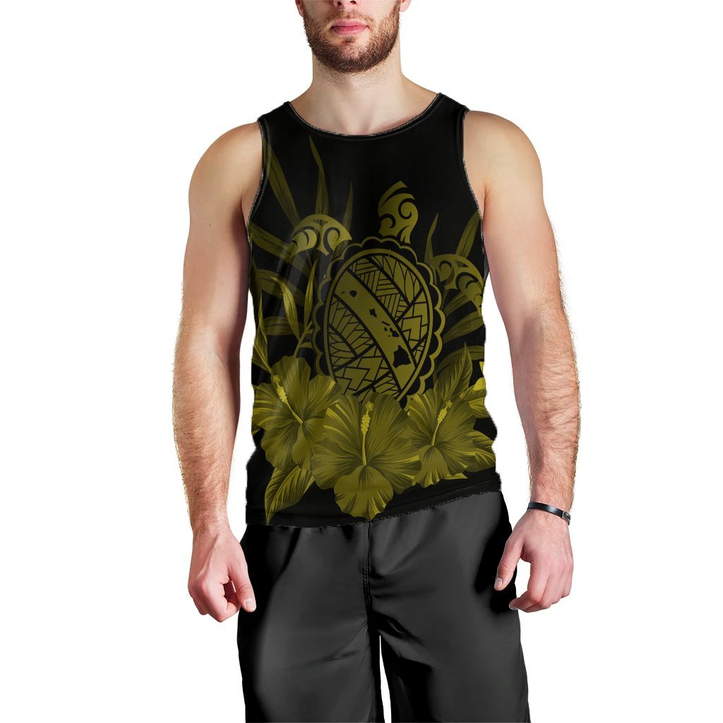 Hawaiian Map Turtle Hibiscus Polynesian Tank Top - Yellow - AH Black - Polynesian Pride
