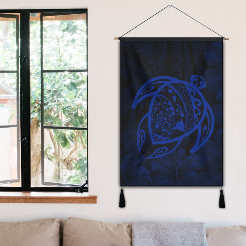 Hawaiian Map Turtle Kanaka Hibiscus Polynesian Hanging Poster - Blue - AH - Polynesian Pride