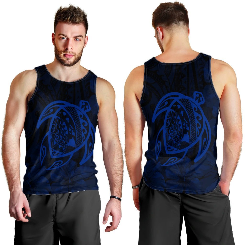 Hawaiian Map Turtle Kanaka Hibiscus Polynesian Tank Top - Blue - AH - Polynesian Pride