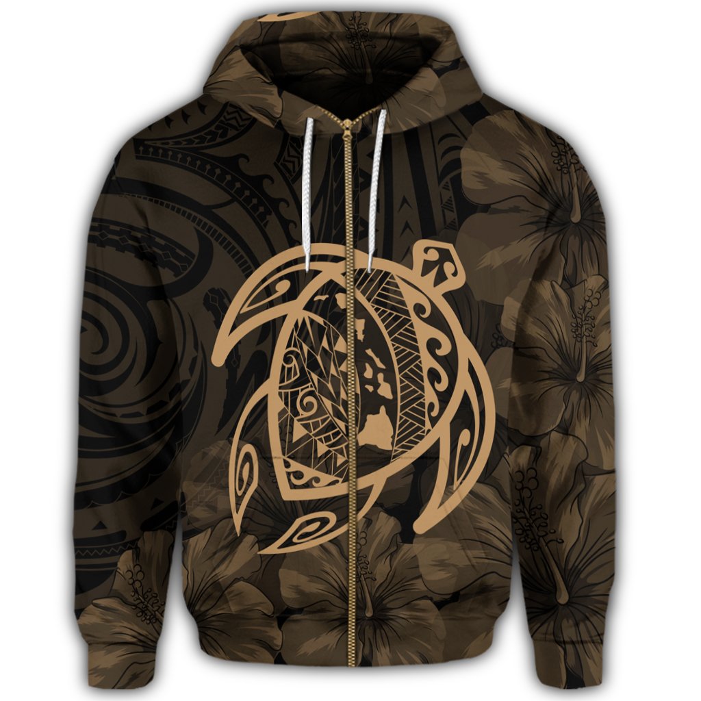 Hawaiian Map Turtle Kanaka Hibiscus Polynesian Zip Hoodie Gold - Polynesian Pride