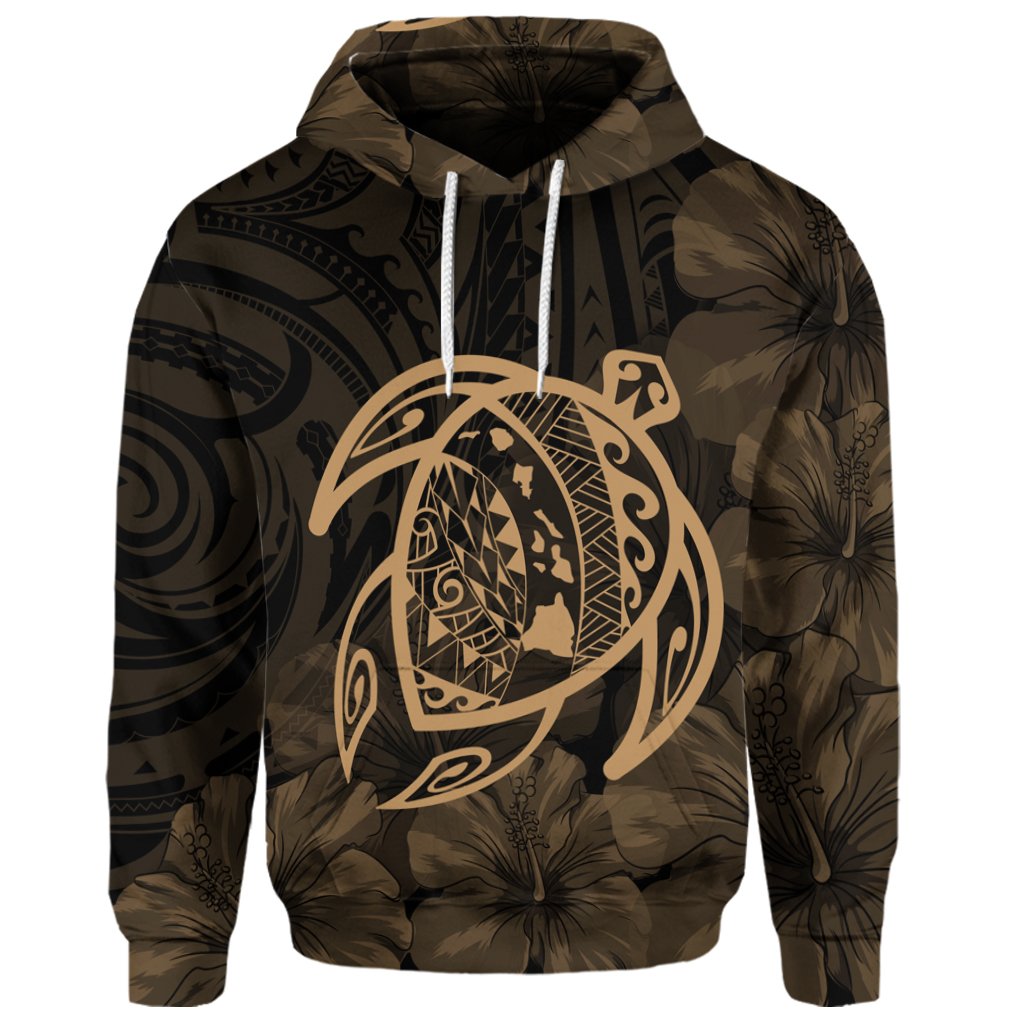 Custom Hawaiian Map Turtle Kanaka Hibiscus Polynesian Hoodie Gold - Polynesian Pride