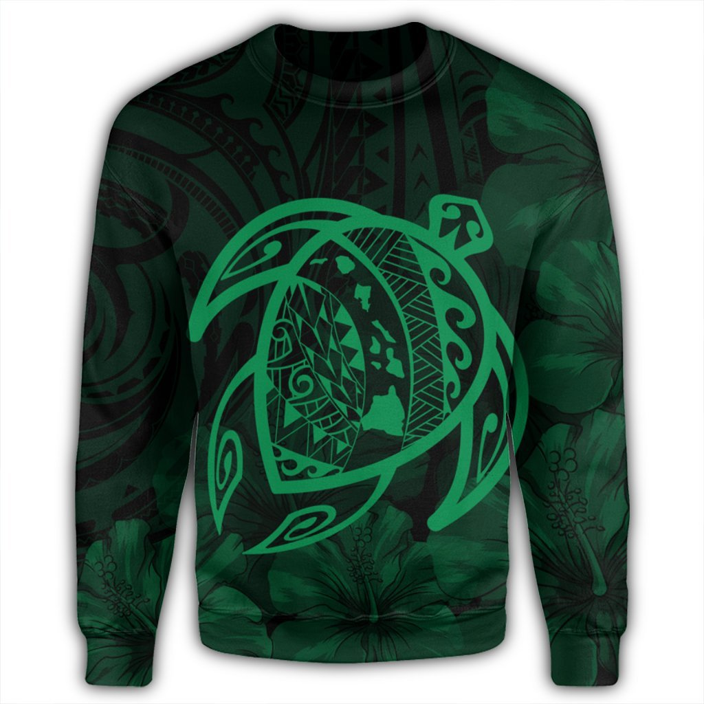 Hawaiian Map Turtle Kanaka Hibiscus Polynesian Sweatshirt - Green - AH - Polynesian Pride