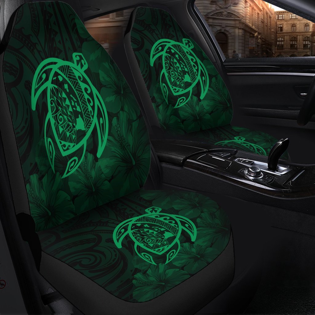 Hawaiian Map Turtle Kanaka Hibiscus Polynesian Car Seat Covers - Green - AH - Polynesian Pride