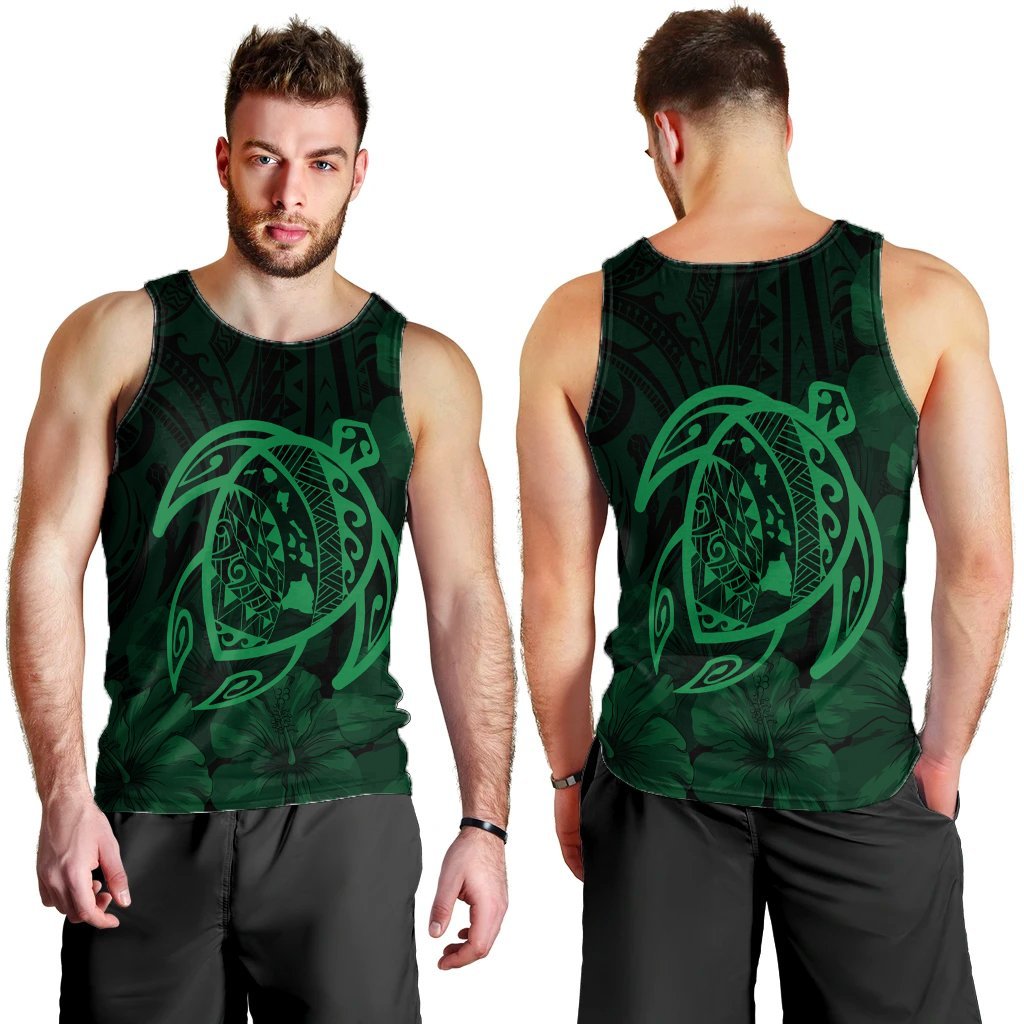 Hawaiian Map Turtle Kanaka Hibiscus Polynesian Tank Top - Green - AH - Polynesian Pride