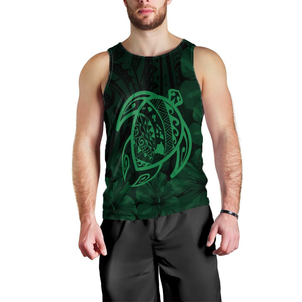 Hawaiian Map Turtle Kanaka Hibiscus Polynesian Tank Top - Green - AH Black - Polynesian Pride