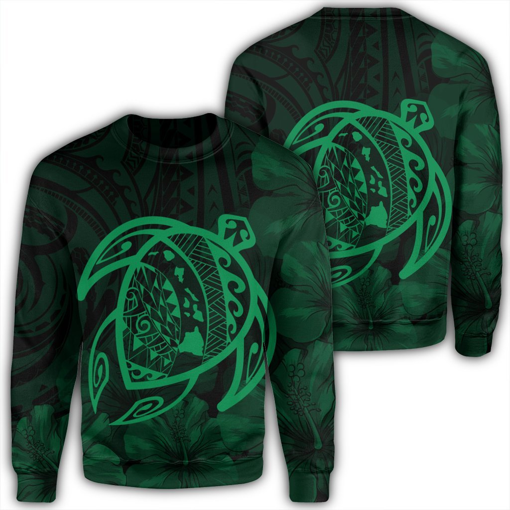 Hawaiian Map Turtle Kanaka Hibiscus Polynesian Sweatshirt - Green - AH Unisex Black - Polynesian Pride