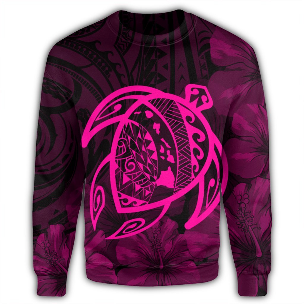 Hawaiian Map Turtle Kanaka Hibiscus Polynesian Sweatshirt - Pink - AH - Polynesian Pride