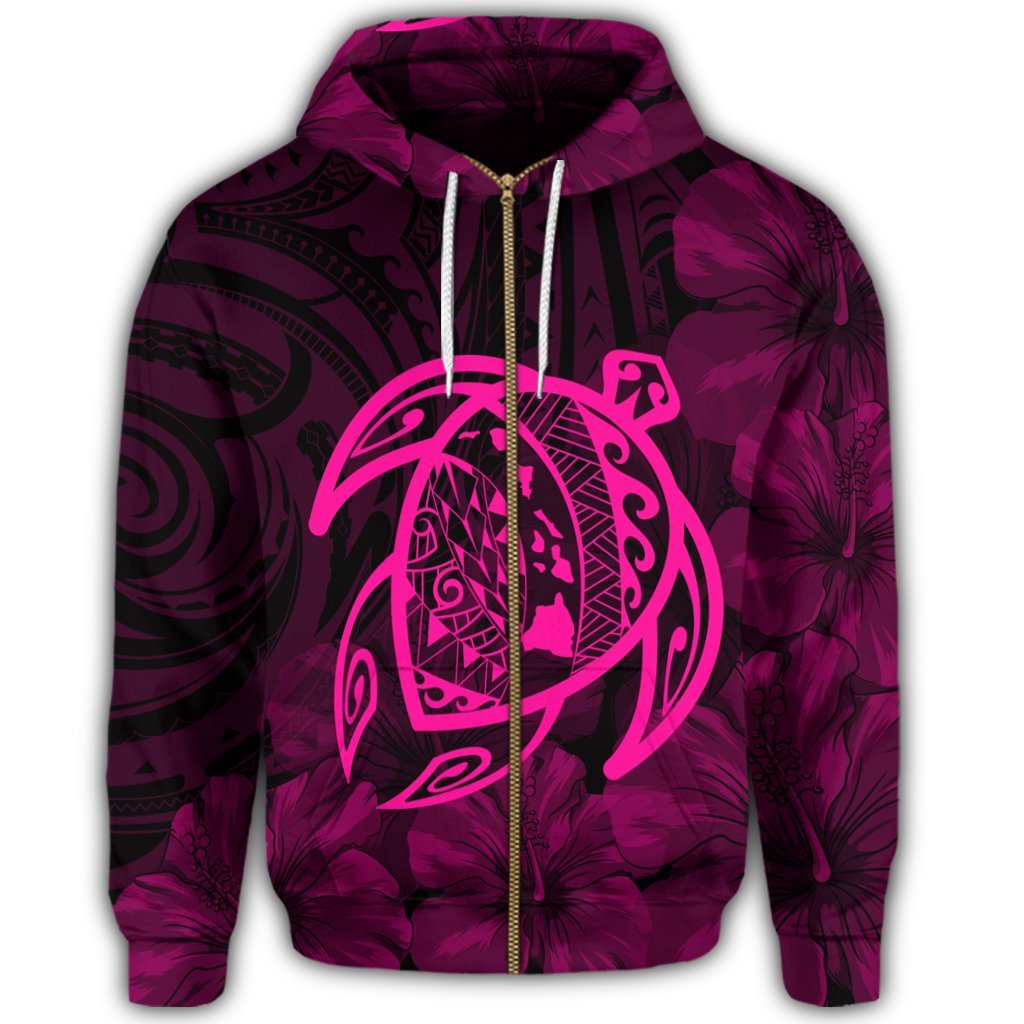 Hawaiian Map Turtle Kanaka Hibiscus Polynesian Zip Hoodie Pink - Polynesian Pride