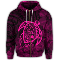 Hawaiian Map Turtle Kanaka Hibiscus Polynesian Zip Hoodie Pink - Polynesian Pride
