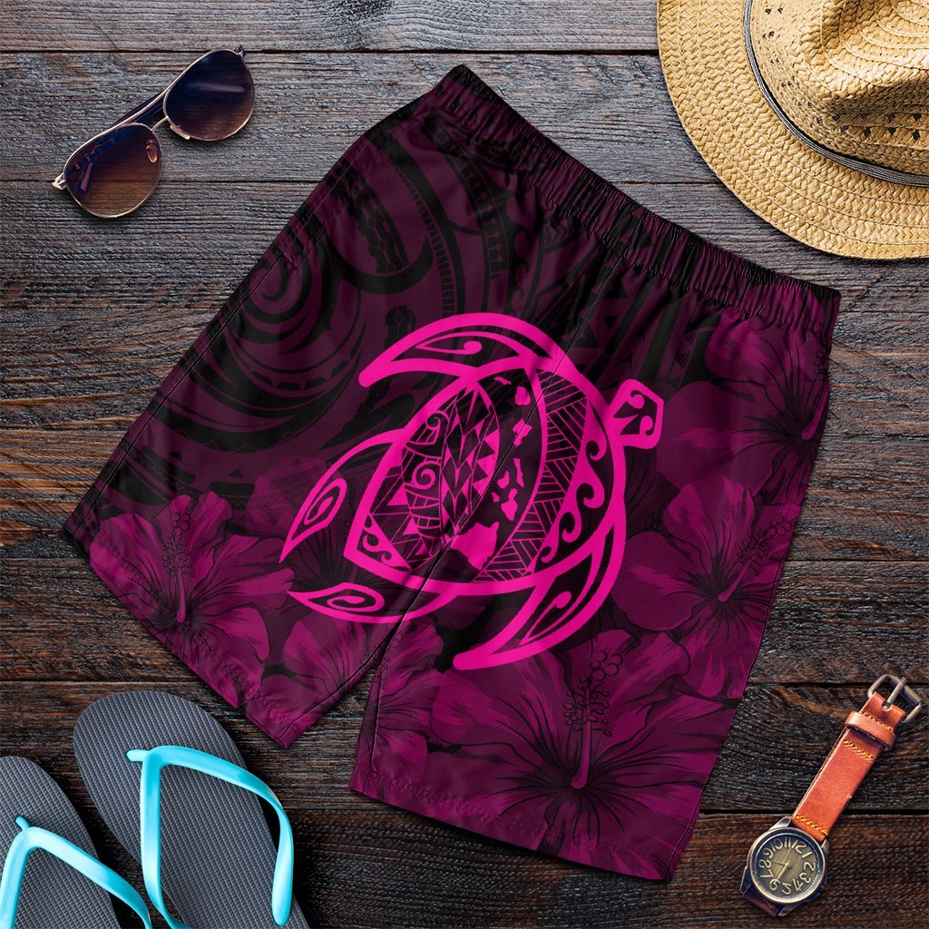 Hawaiian Map Turtle Kanaka Hibiscus Polynesian Men's Shorts - Pink - AH Art - Polynesian Pride