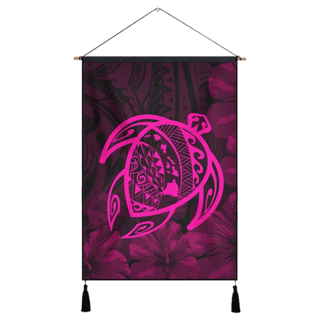 Hawaiian Map Turtle Kanaka Hibiscus Polynesian Hanging Poster - Pink - AH Hanging Poster Cotton And Linen - Polynesian Pride