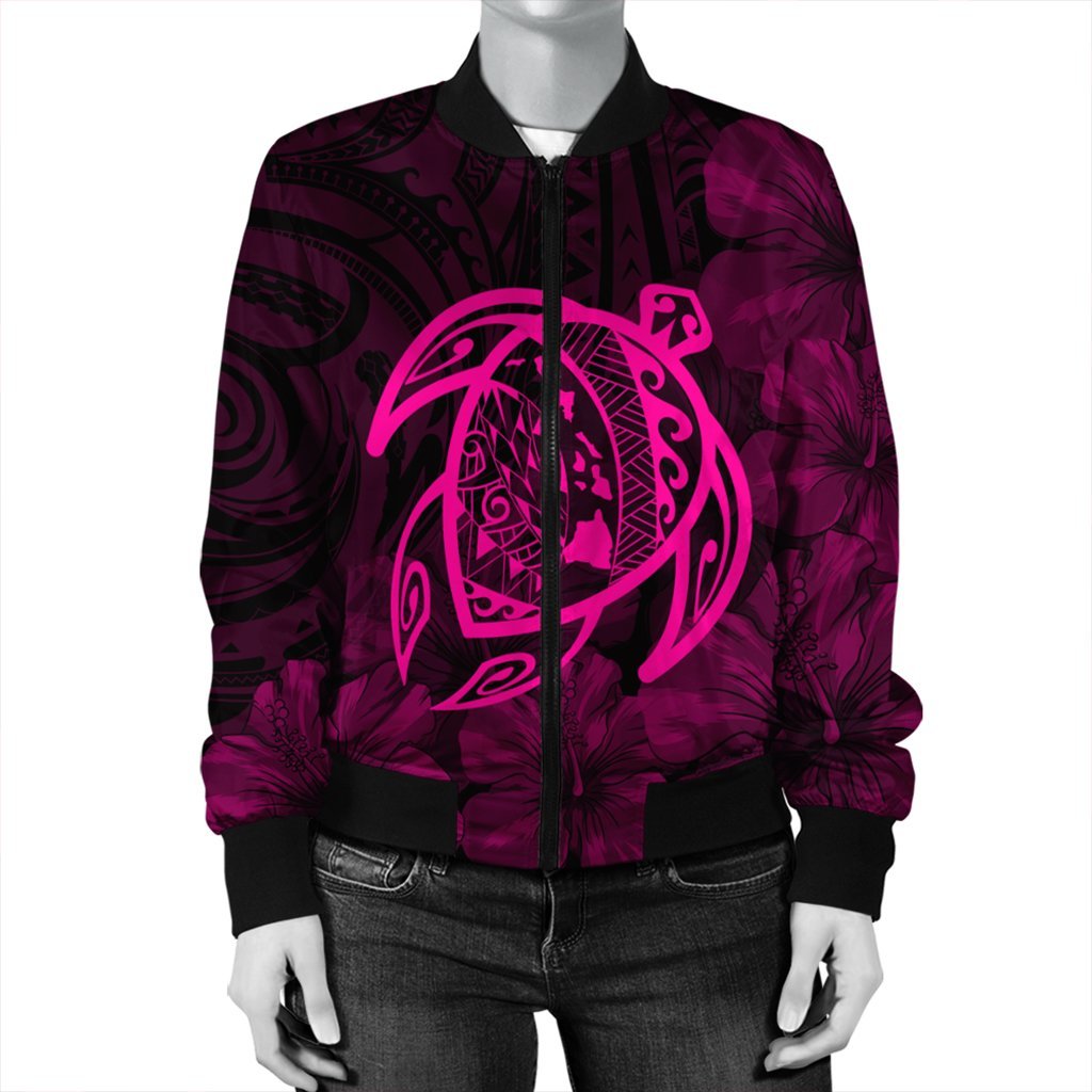 Hawaiian Map Turtle Kanaka Hibiscus Polynesian Bomber Jacket - Pink - AH - Polynesian Pride