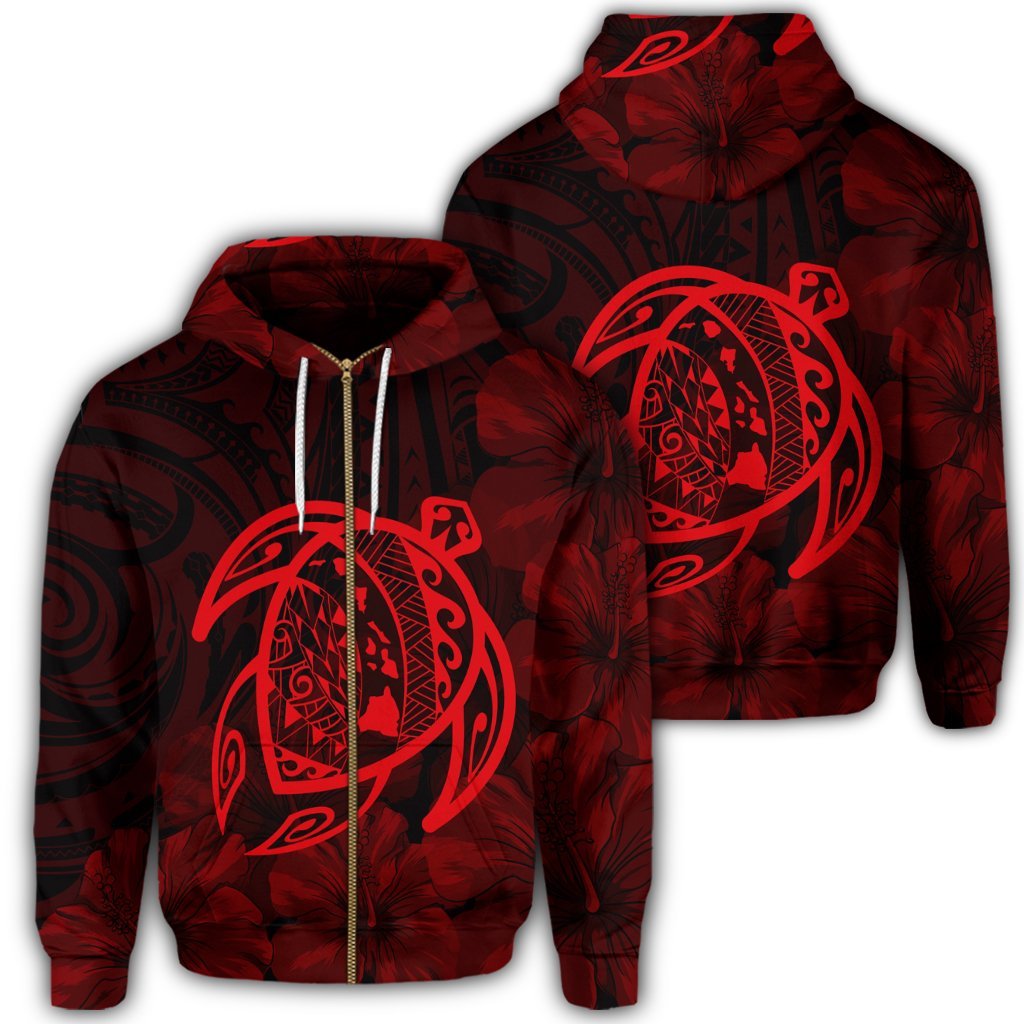 Hawaiian Map Turtle Kanaka Hibiscus Polynesian Zip Hoodie Red Unisex Art - Polynesian Pride
