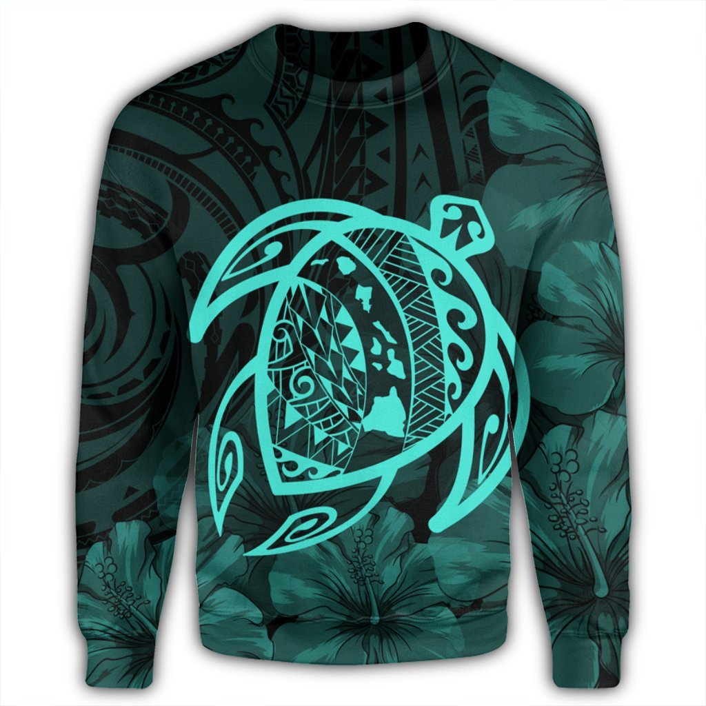 Hawaiian Map Turtle Kanaka Hibiscus Polynesian Sweatshirt - Turquoise - AH - Polynesian Pride
