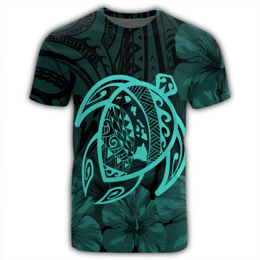 Hawaiian Map Turtle Kanaka Hibiscus Polynesian T Shirt Turquoise AH - Polynesian Pride