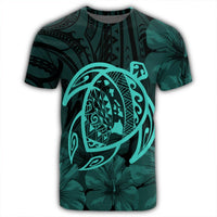 Hawaiian Map Turtle Kanaka Hibiscus Polynesian T Shirt Turquoise AH - Polynesian Pride