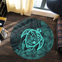 Hawaiian Map Turtle Kanaka Hibiscus Polynesian Round Carpet - Turquoise - AH - Polynesian Pride