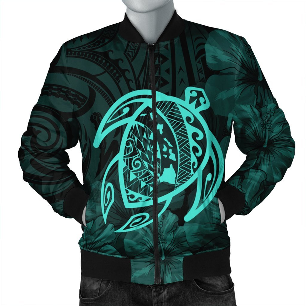 Hawaiian Map Turtle Kanaka Hibiscus Polynesian Bomber Jacket - Turquoise - AH Black Unisex - Polynesian Pride