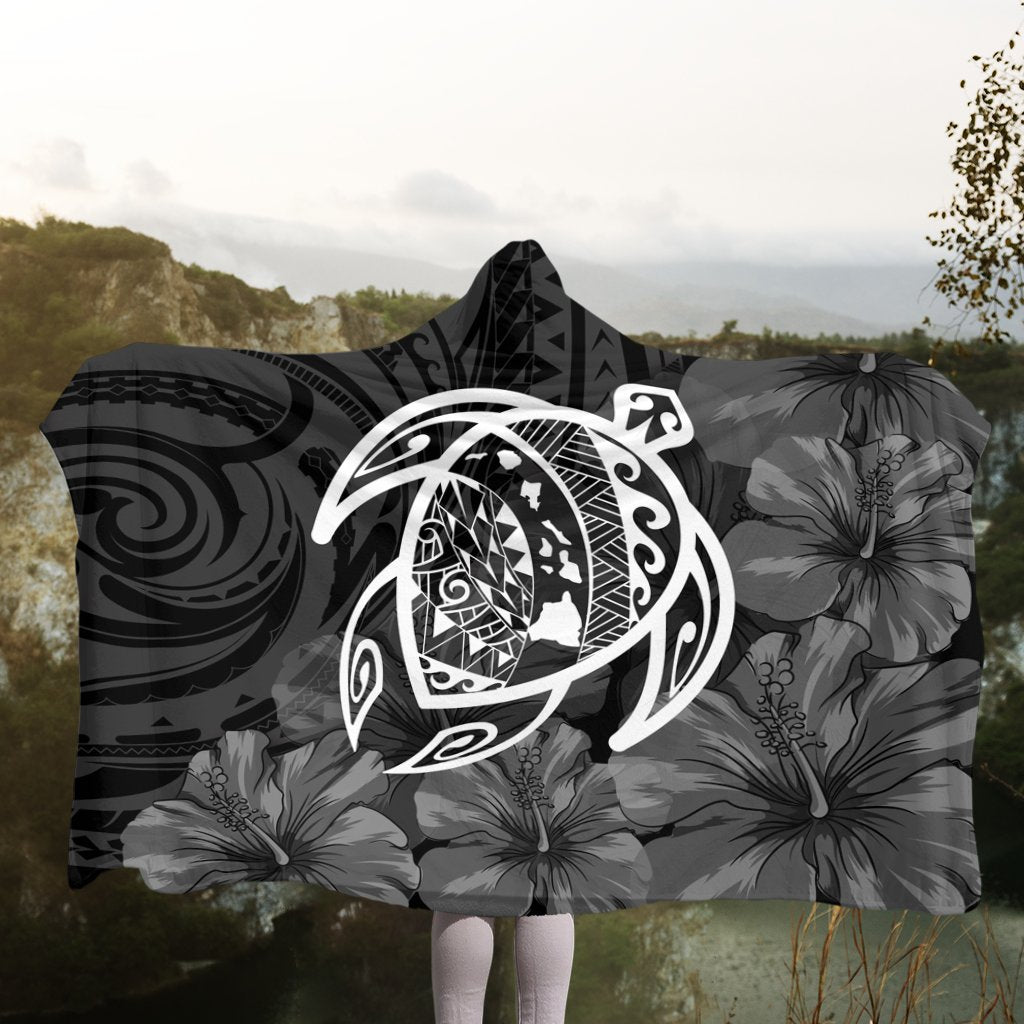 Hawaiian Map Turtle Kanaka Hibiscus Polynesian Hooded Blanket - White - AH - Polynesian Pride