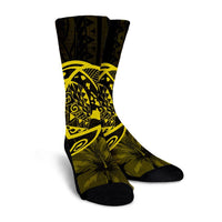 Hawaiian Map Turtle Kanaka Hibiscus Polynesian Crew Socks - Yellow - AH - Polynesian Pride