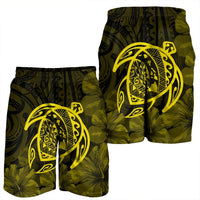 Hawaiian Map Turtle Kanaka Hibiscus Polynesian Men's Shorts - Yellow - AH - Polynesian Pride
