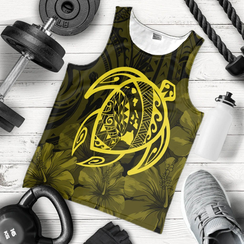 Hawaiian Map Turtle Kanaka Hibiscus Polynesian Tank Top - Yellow - AH - Polynesian Pride