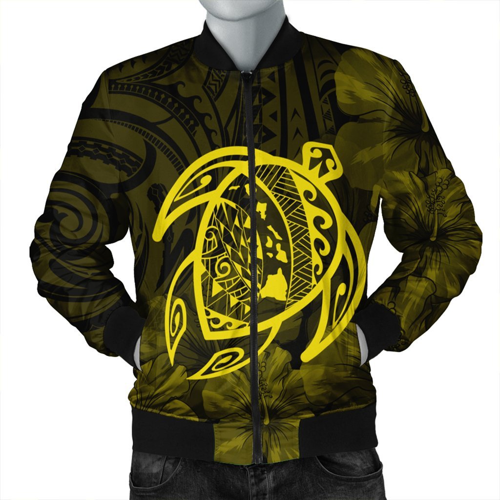 Hawaiian Map Turtle Kanaka Hibiscus Polynesian Bomber Jacket - Yellow - AH Black Unisex - Polynesian Pride