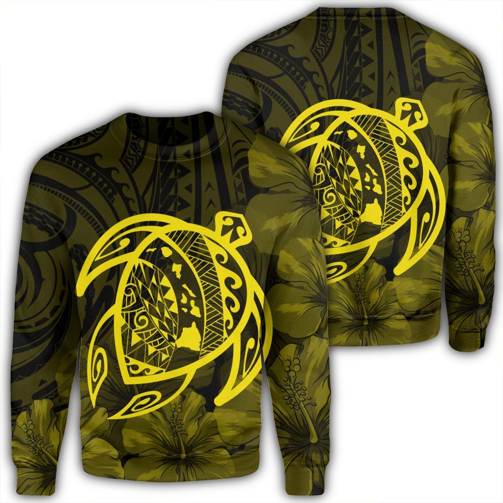 Hawaiian Map Turtle Kanaka Hibiscus Polynesian Sweatshirt - Yellow - AH Unisex Black - Polynesian Pride