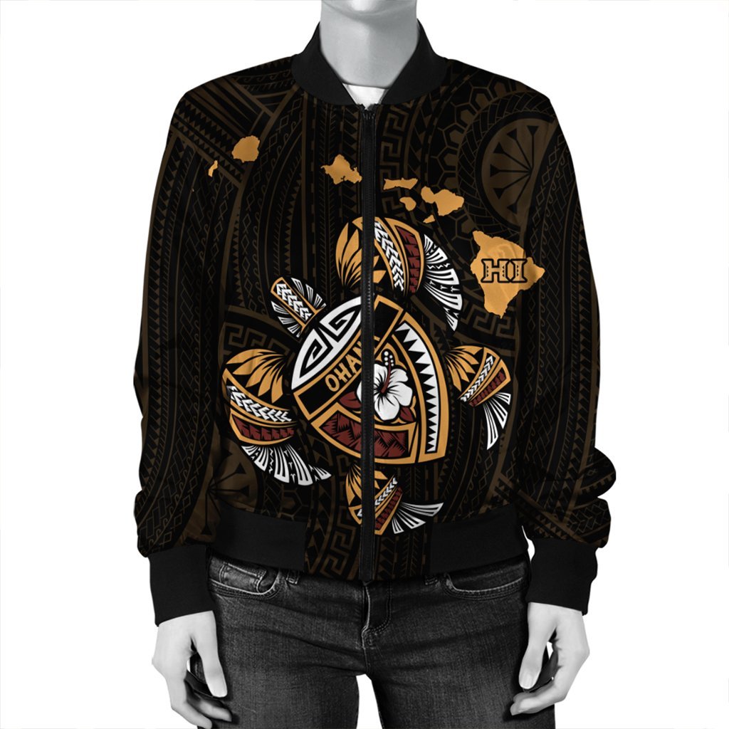Hawaiian Map Turtle Ohana Hibicus Polynesian Bomber Jacket - AH - Polynesian Pride