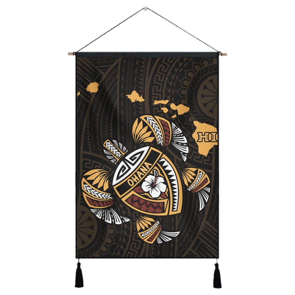 Hawaiian Map Turtle Ohana Hibicus Polynesian Hanging Poster - AH Hanging Poster Cotton And Linen - Polynesian Pride