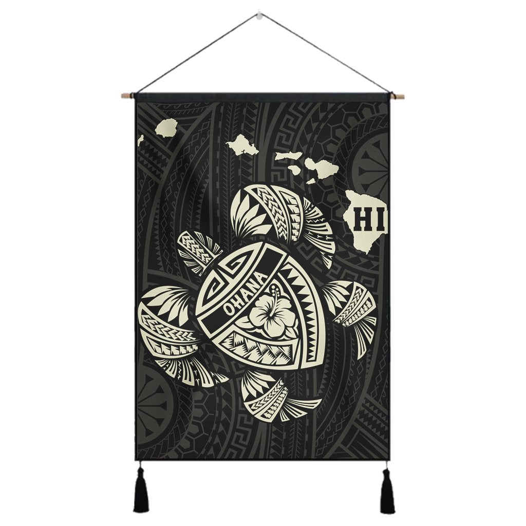 Hawaiian Map Turtle Ohana Hibicus Polynesian Hanging Poster - Beige - AH Hanging Poster Cotton And Linen - Polynesian Pride