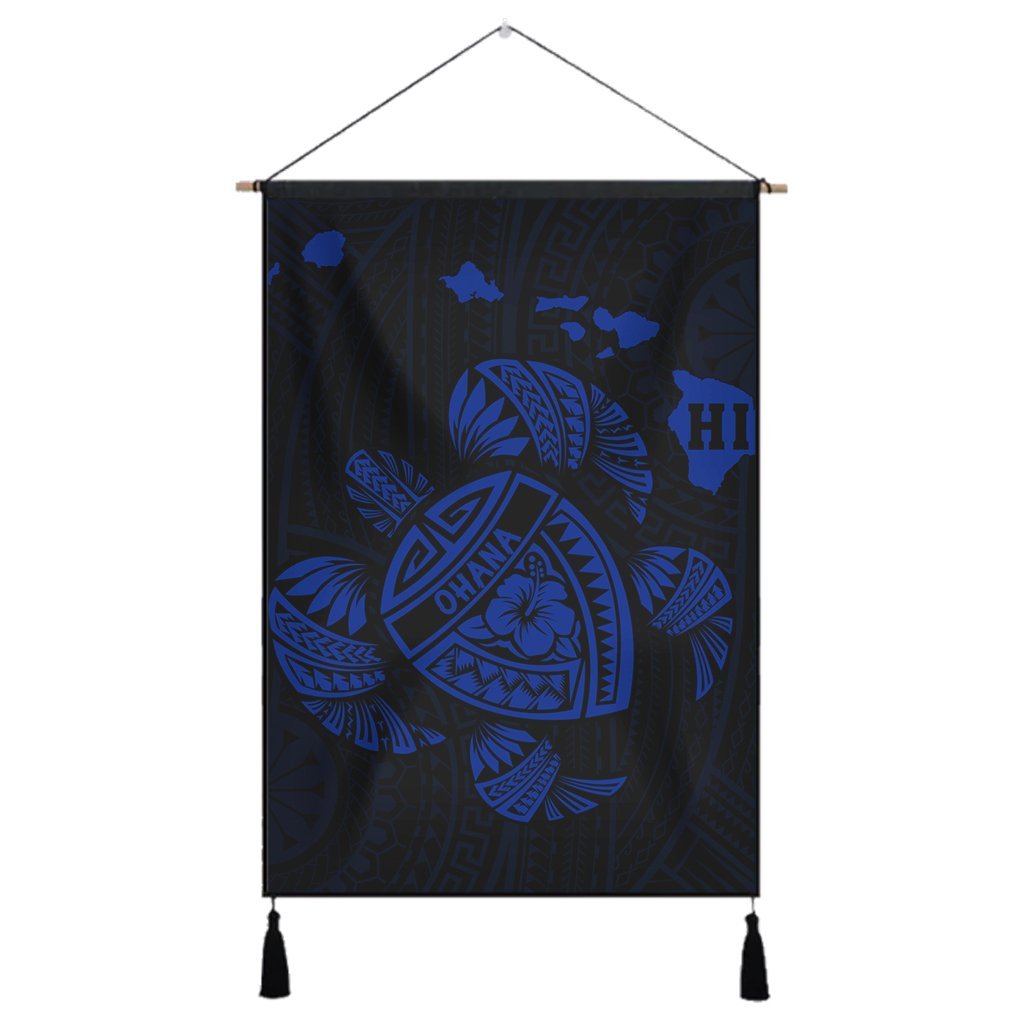 Hawaiian Map Turtle Ohana Hibicus Polynesian Hanging Poster - Blue - AH Hanging Poster Cotton And Linen - Polynesian Pride