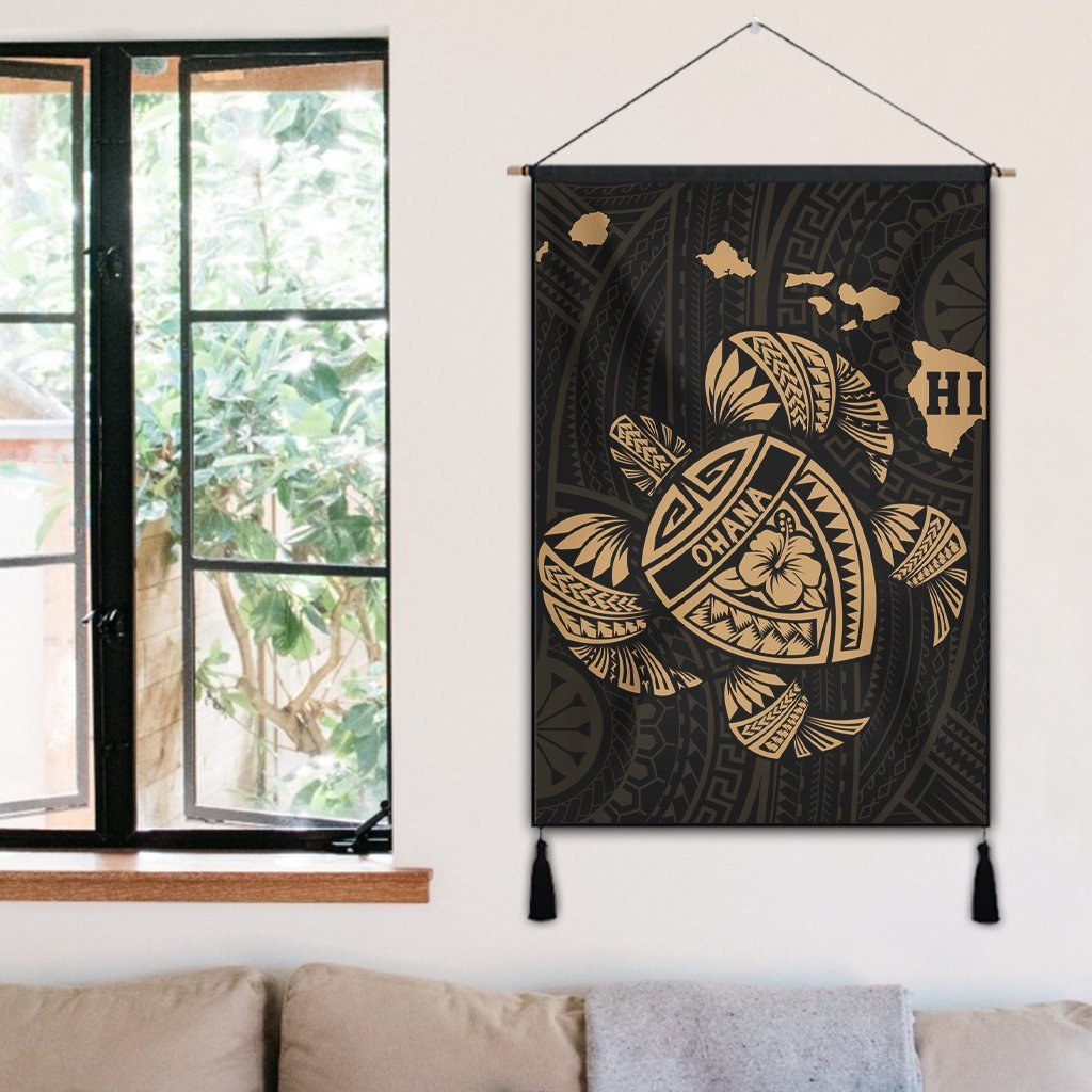 Hawaiian Map Turtle Ohana Hibicus Polynesian Hanging Poster - Gold - AH - Polynesian Pride