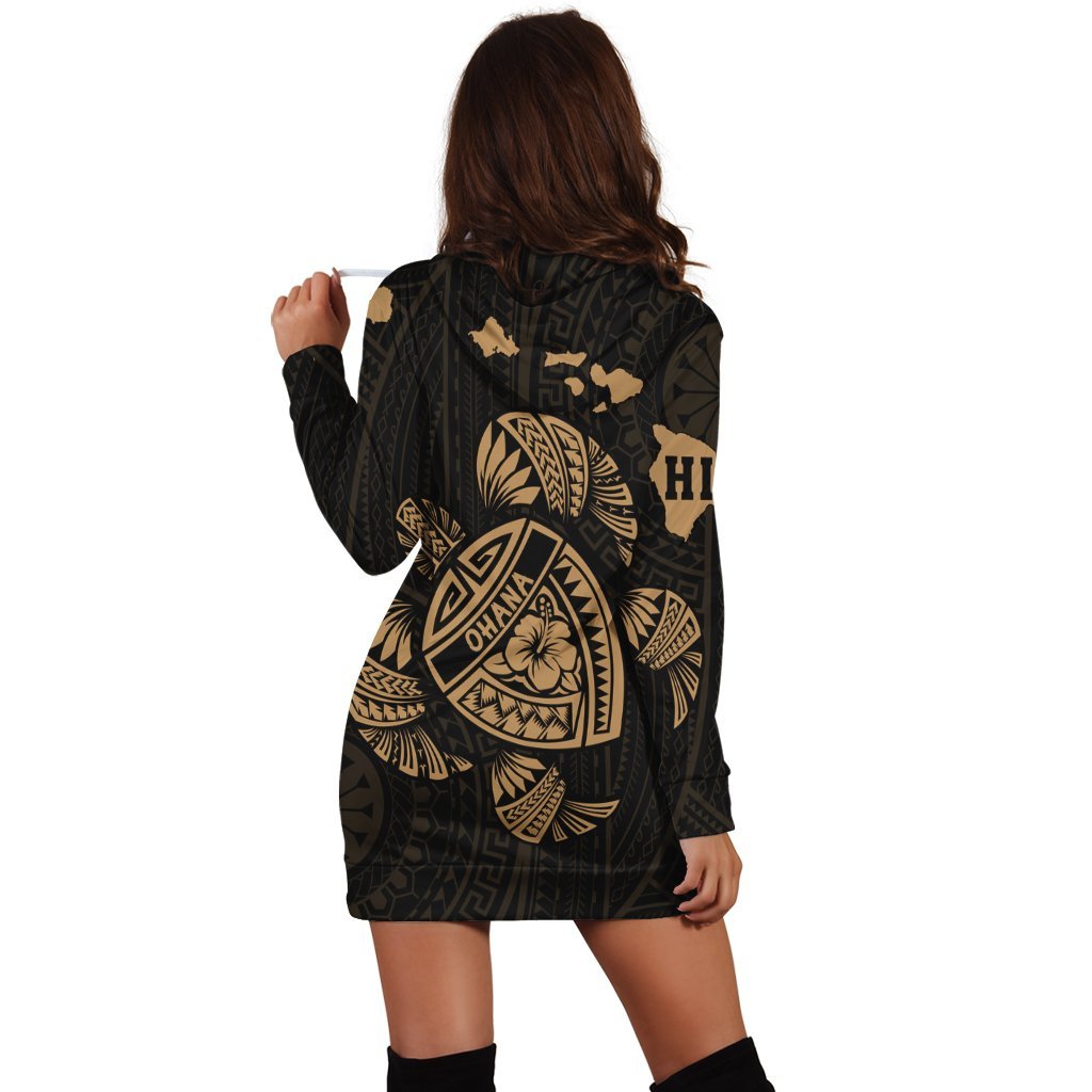 Hawaiian Map Turtle Ohana Hibicus Polynesian Hoodie Dress - Gold - AH - Polynesian Pride