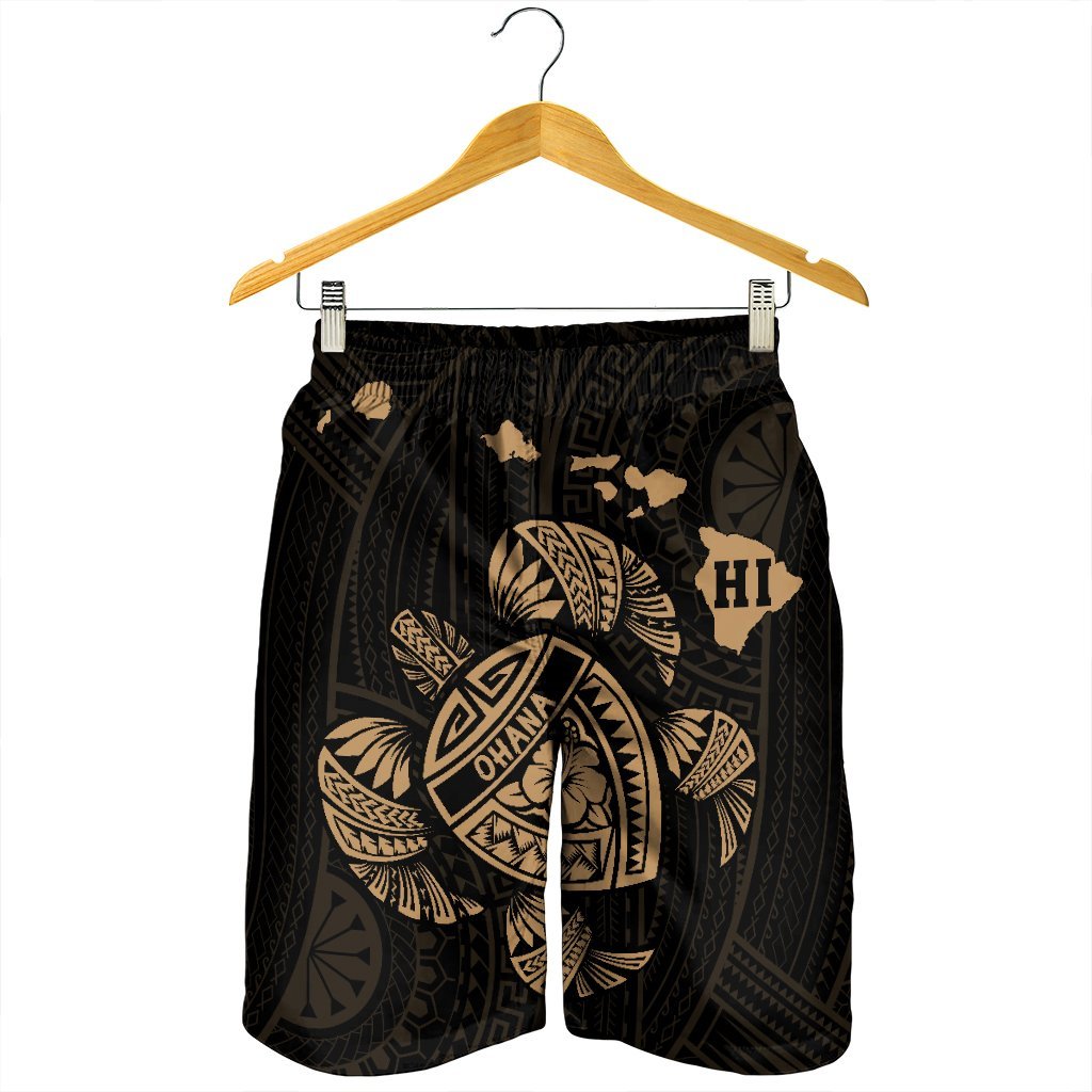 Hawaiian Map Turtle Ohana Hibicus Polynesian Men's Shorts - Gold - AH - Polynesian Pride