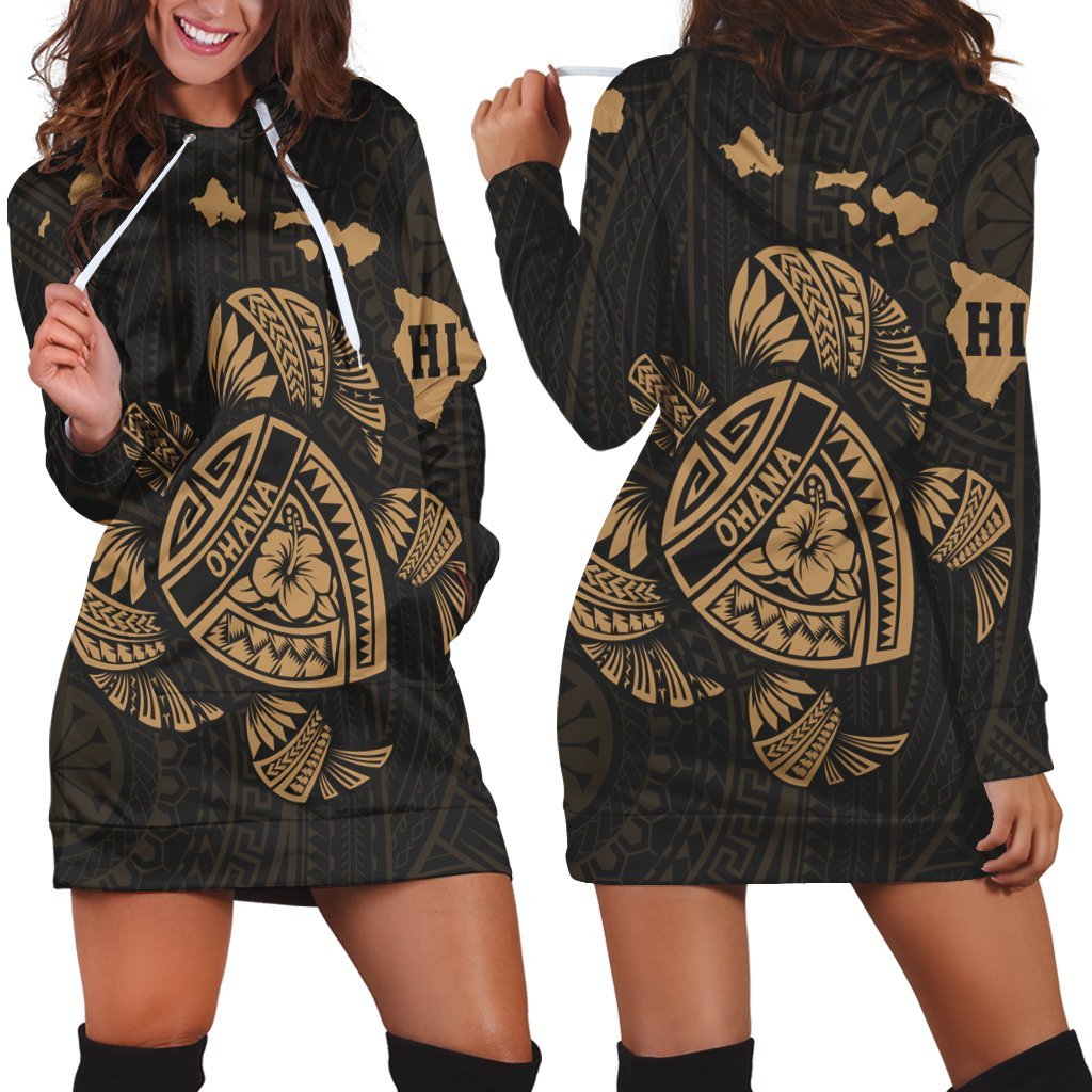 Hawaiian Map Turtle Ohana Hibicus Polynesian Hoodie Dress - Gold - AH Black - Polynesian Pride