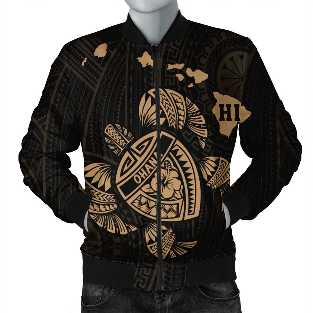Hawaiian Map Turtle Ohana Hibicus Polynesian Bomber Jacket - Gold - AH Black Unisex - Polynesian Pride